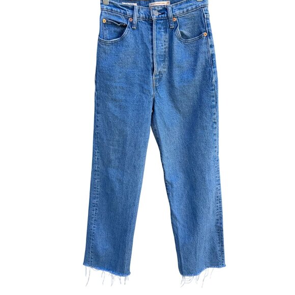 Levi Strauss Ribcage Straight Ankle High Waisted Rough Cut Hem Denim Jeans 26 - Picture 1 of 9